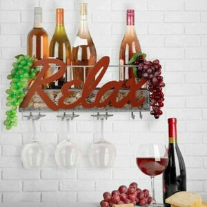 Wall Mounted Metal Relax 4 Glass and Bottle Holder Wine Cork Storage Rack